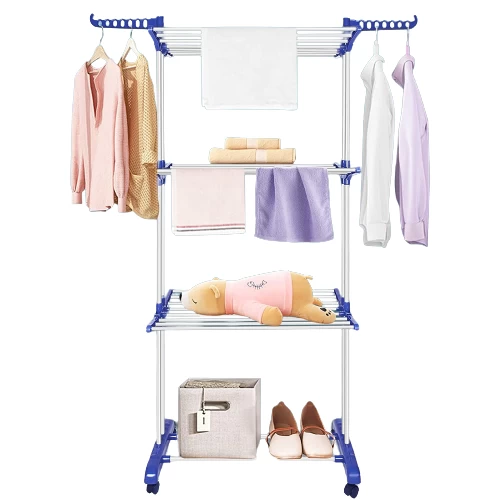 منشر غسيل متحرك بعجلات، 3 دور - ازرق فاتح